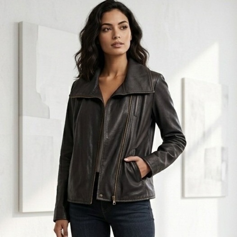 Gap Leather Jacket Womens Small Dark Brown Moto Biker Minimalist Edgy Chic Retro